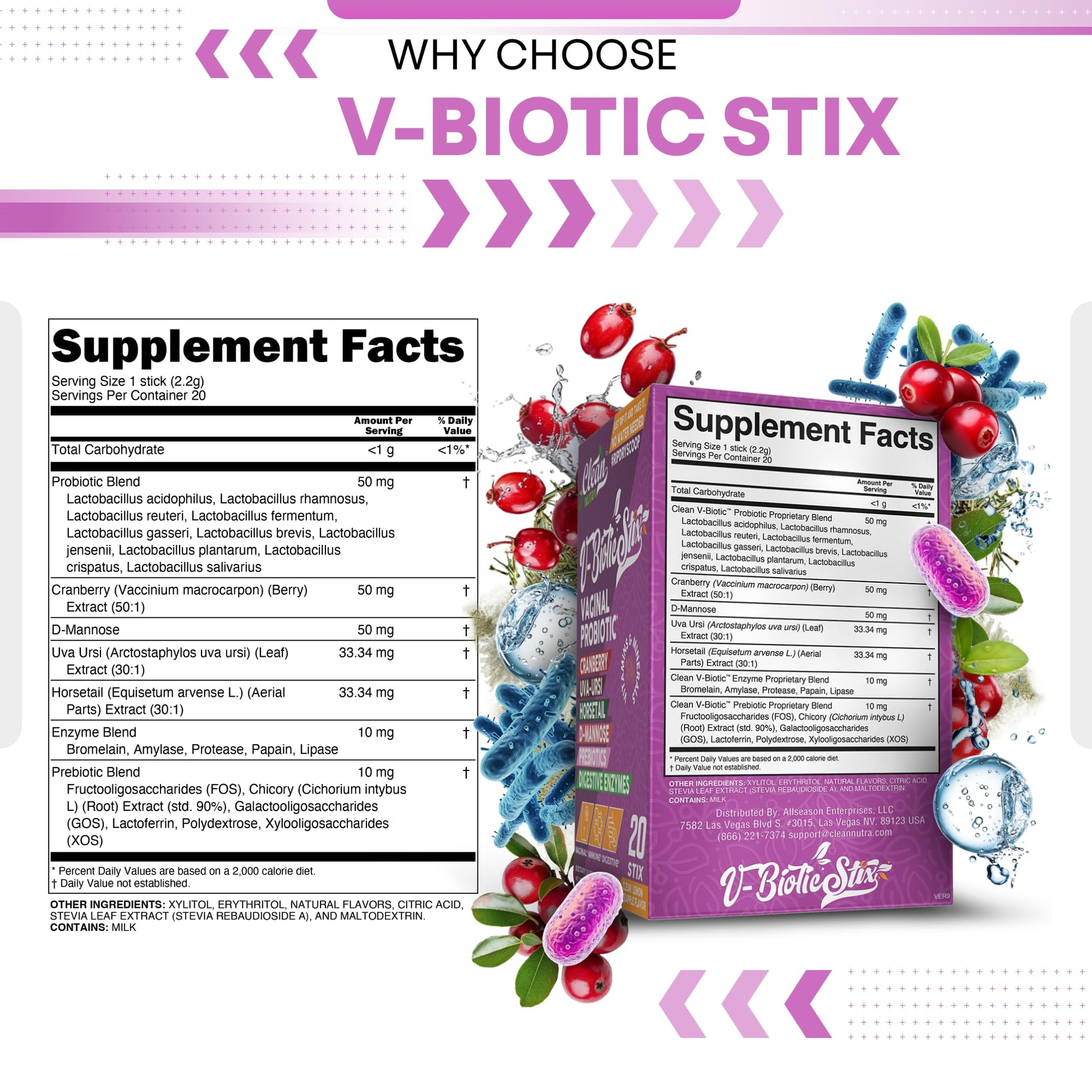 Clean Nutraceuticals Vaginal Probiotics for Women with Cranberry Extract, D-Mannose, Prebiotics, pH Balance for Women, Vaginal Health – Womens Probiotic Alternative to Gummies - 20 Stix - dailyvitalstore
