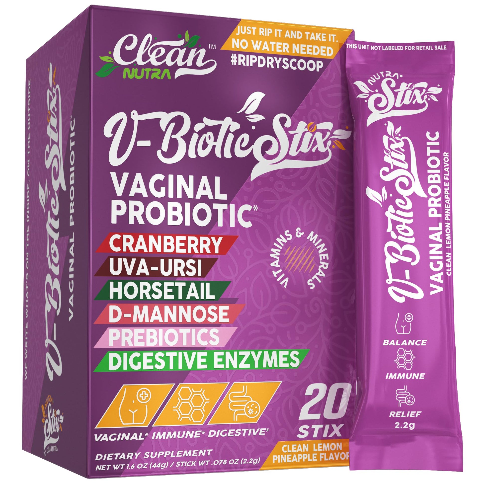 Clean Nutraceuticals Vaginal Probiotics for Women with Cranberry Extract, D-Mannose, Prebiotics, pH Balance for Women, Vaginal Health – Womens Probiotic Alternative to Gummies - 20 Stix - dailyvitalstore