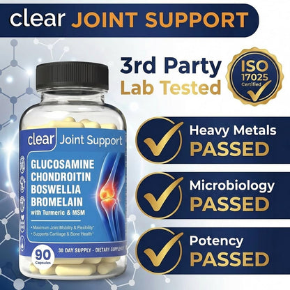 Clear Joint Support - 1500mg Glucosamine Chondroitin MSM - 8 in 1 Joint Health Supplement with Turmeric and Boswellia for Men & Women, Knee, Hip & Back Support, Made in USA, 90 Capsules - dailyvitalstore
