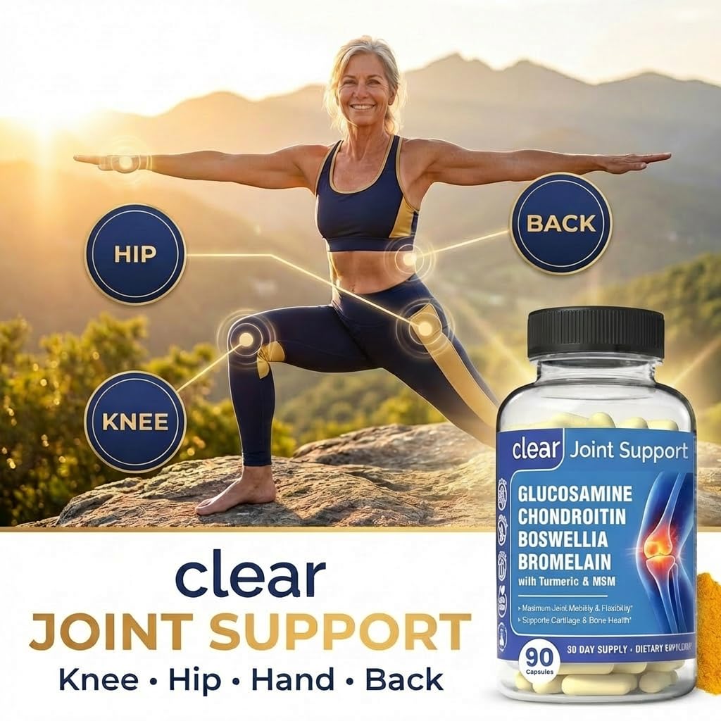 Clear Joint Support - 1500mg Glucosamine Chondroitin MSM - 8 in 1 Joint Health Supplement with Turmeric and Boswellia for Men & Women, Knee, Hip & Back Support, Made in USA, 90 Capsules - dailyvitalstore