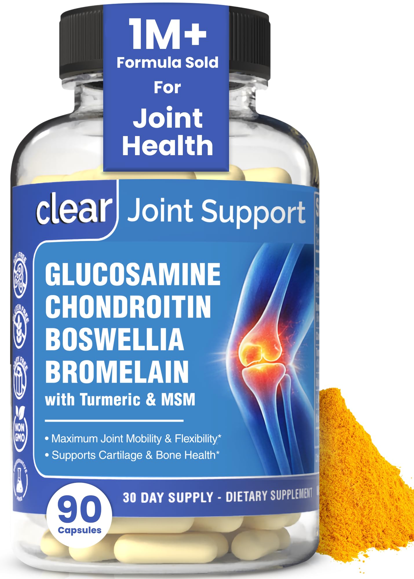 Clear Joint Support - 1500mg Glucosamine Chondroitin MSM - 8 in 1 Joint Health Supplement with Turmeric and Boswellia for Men & Women, Knee, Hip & Back Support, Made in USA, 90 Capsules - dailyvitalstore