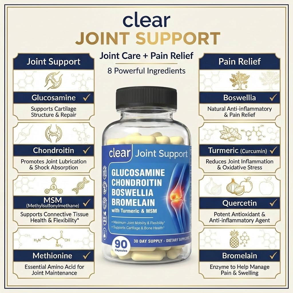 Clear Joint Support - 1500mg Glucosamine Chondroitin MSM - 8 in 1 Joint Health Supplement with Turmeric and Boswellia for Men & Women, Knee, Hip & Back Support, Made in USA, 90 Capsules - dailyvitalstore