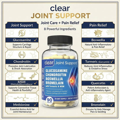 Clear Joint Support - 1500mg Glucosamine Chondroitin MSM - 8 in 1 Joint Health Supplement with Turmeric and Boswellia for Men & Women, Knee, Hip & Back Support, Made in USA, 90 Capsules - dailyvitalstore