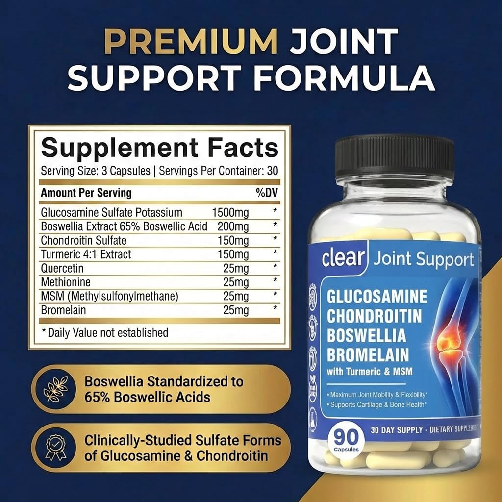 Clear Joint Support - 1500mg Glucosamine Chondroitin MSM - 8 in 1 Joint Health Supplement with Turmeric and Boswellia for Men & Women, Knee, Hip & Back Support, Made in USA, 90 Capsules - dailyvitalstore