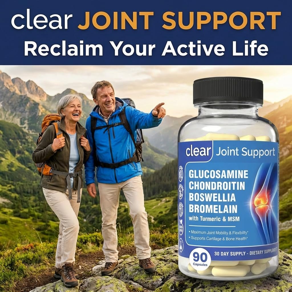 Clear Joint Support - 1500mg Glucosamine Chondroitin MSM - 8 in 1 Joint Health Supplement with Turmeric and Boswellia for Men & Women, Knee, Hip & Back Support, Made in USA, 90 Capsules - dailyvitalstore