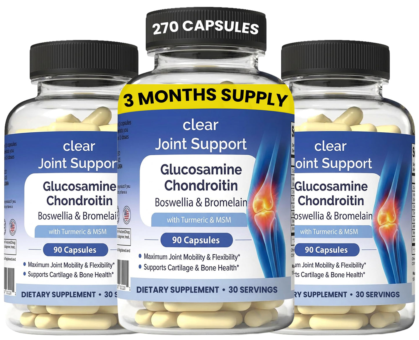 Clear Joint Support - 3-Month Supply | 3-Pack (270 Capsules) | Glucosamine Chondroitin MSM, Turmeric & Boswellia | Supports Knee, Hip & Back Health | Made in USA - dailyvitalstore