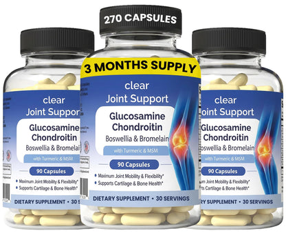 Clear Joint Support - 3-Month Supply | 3-Pack (270 Capsules) | Glucosamine Chondroitin MSM, Turmeric & Boswellia | Supports Knee, Hip & Back Health | Made in USA - dailyvitalstore