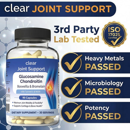 Clear Joint Support - 3-Month Supply | 3-Pack (270 Capsules) | Glucosamine Chondroitin MSM, Turmeric & Boswellia | Supports Knee, Hip & Back Health | Made in USA - dailyvitalstore