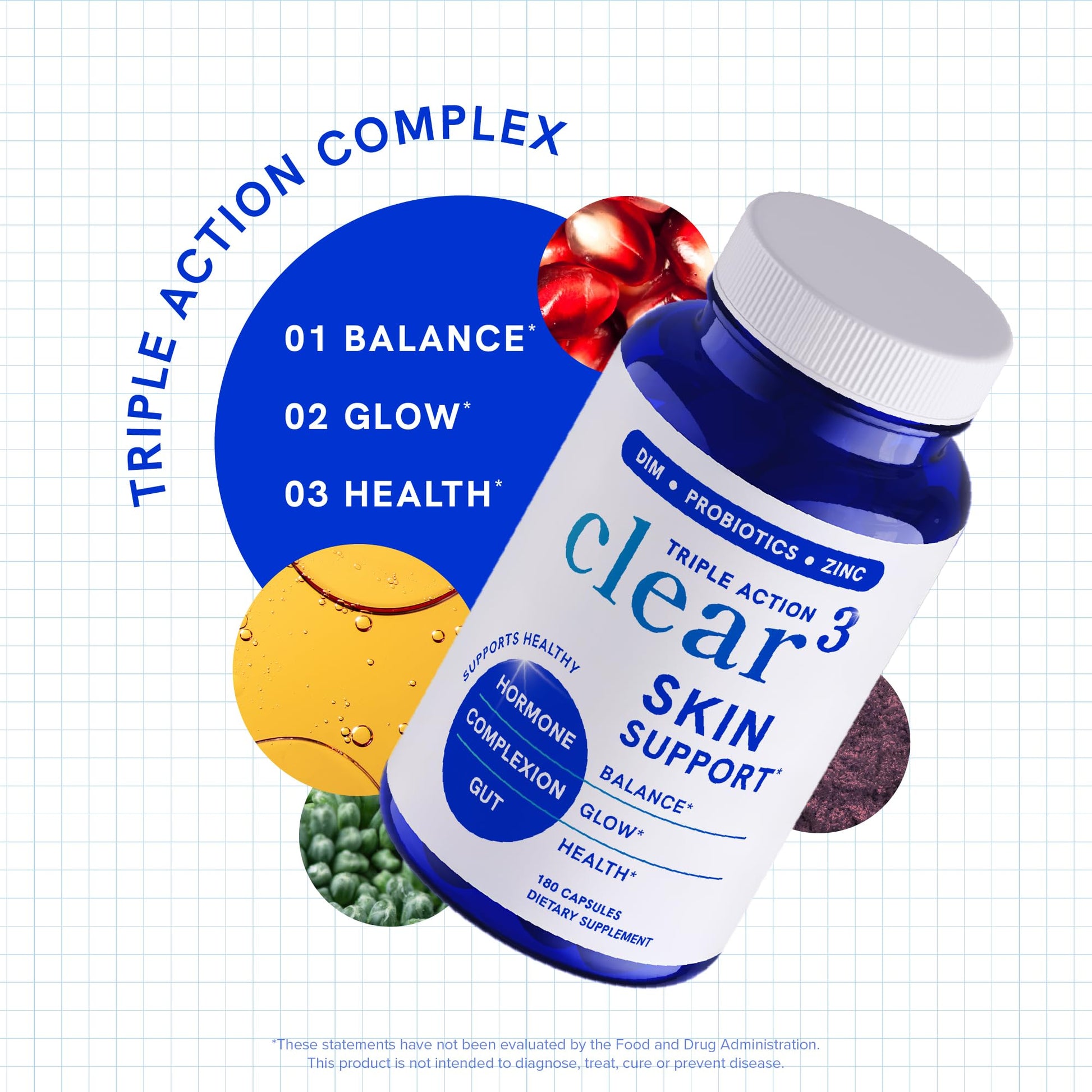 Clear Skin Supplement with Zinc, DIM & Probiotics | 3-in-1 Balance, Glow & Health Skin Support | Triple Action Hyaluronic Acid, Niaciminide & Vitamins for Hormone, Complexion & Gut Support | 180 Ct - dailyvitalstore