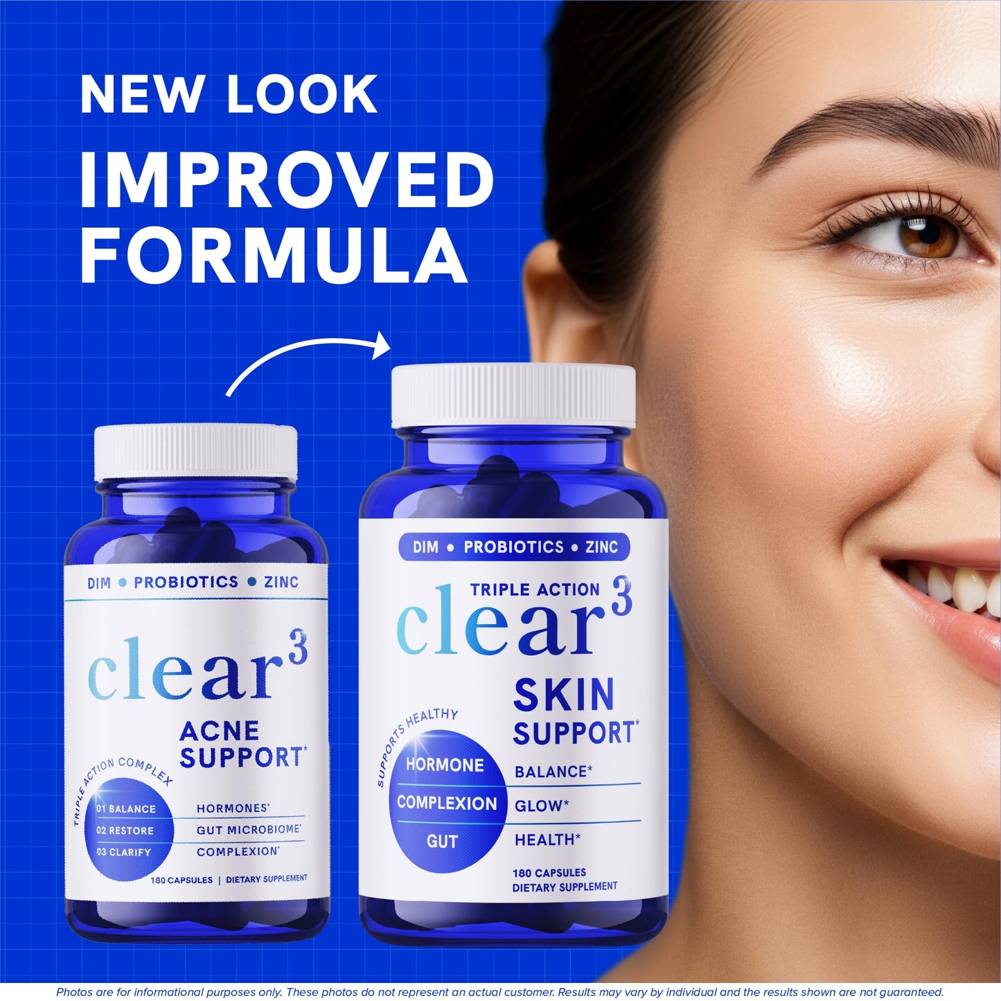 Clear Skin Supplement with Zinc, DIM & Probiotics | 3-in-1 Balance, Glow & Health Skin Support | Triple Action Hyaluronic Acid, Niaciminide & Vitamins for Hormone, Complexion & Gut Support | 180 Ct - dailyvitalstore