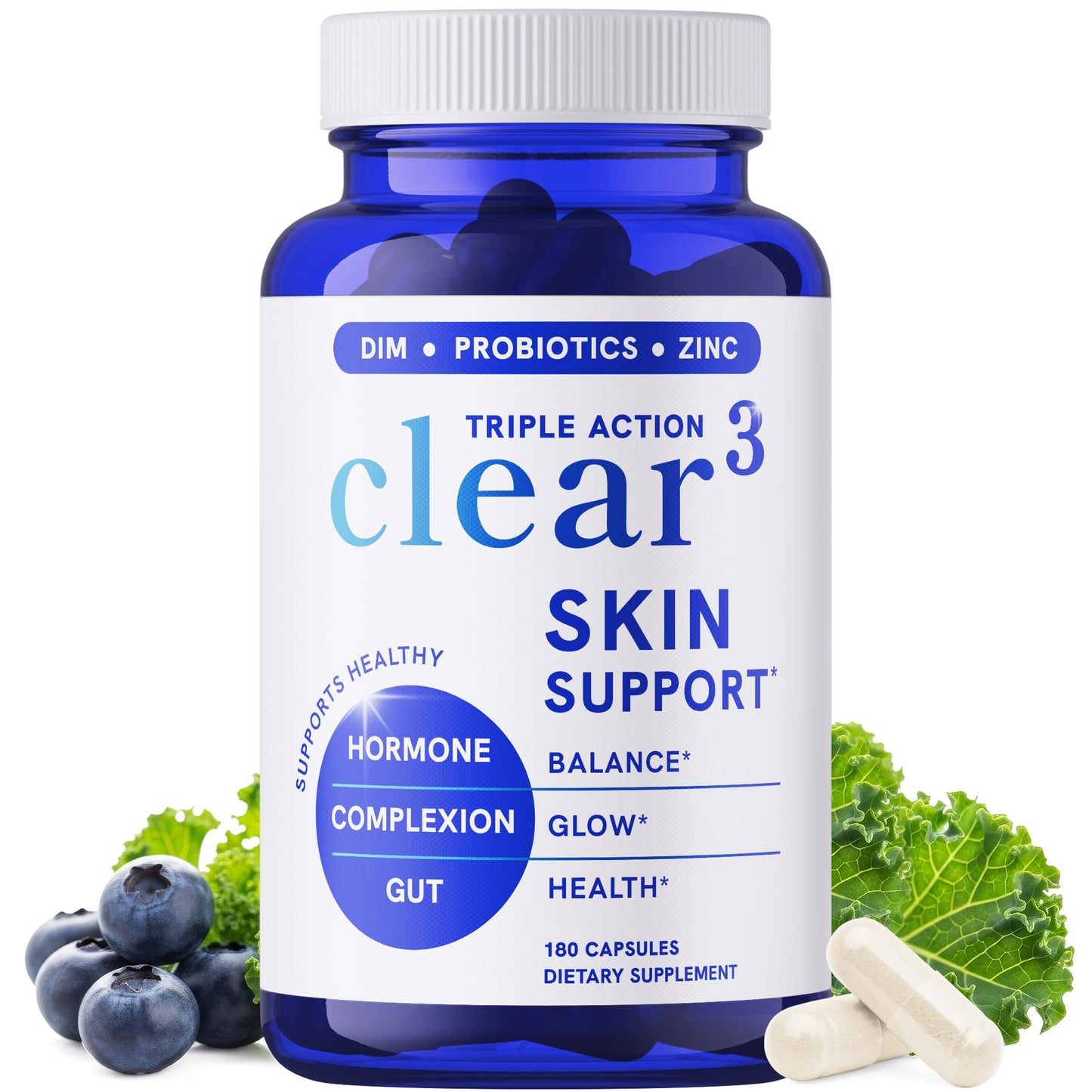Clear Skin Supplement with Zinc, DIM & Probiotics | 3-in-1 Balance, Glow & Health Skin Support | Triple Action Hyaluronic Acid, Niaciminide & Vitamins for Hormone, Complexion & Gut Support | 180 Ct - dailyvitalstore