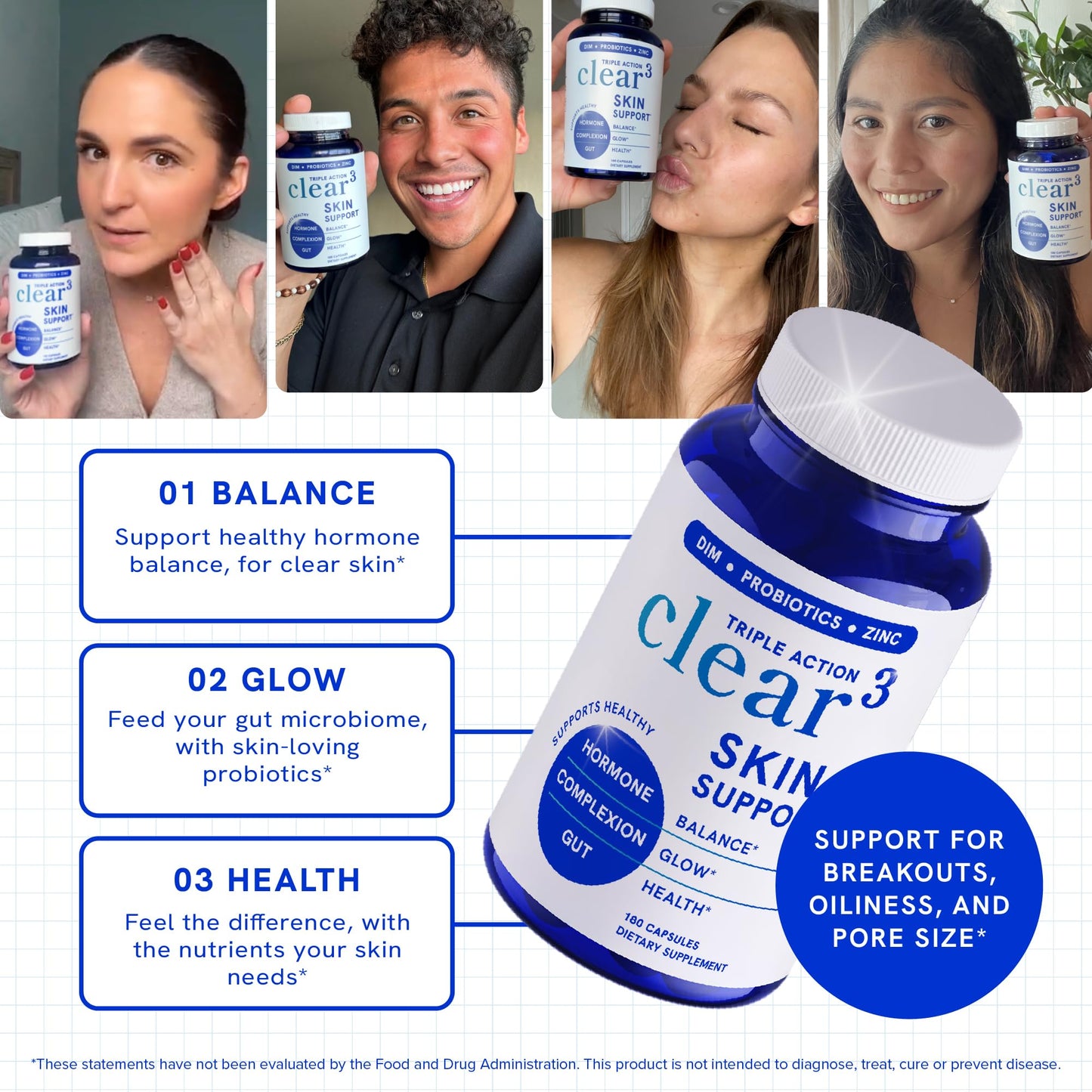 Clear Skin Supplement with Zinc, DIM & Probiotics | 3-in-1 Balance, Glow & Health Skin Support | Triple Action Hyaluronic Acid, Niaciminide & Vitamins for Hormone, Complexion & Gut Support | 180 Ct - dailyvitalstore