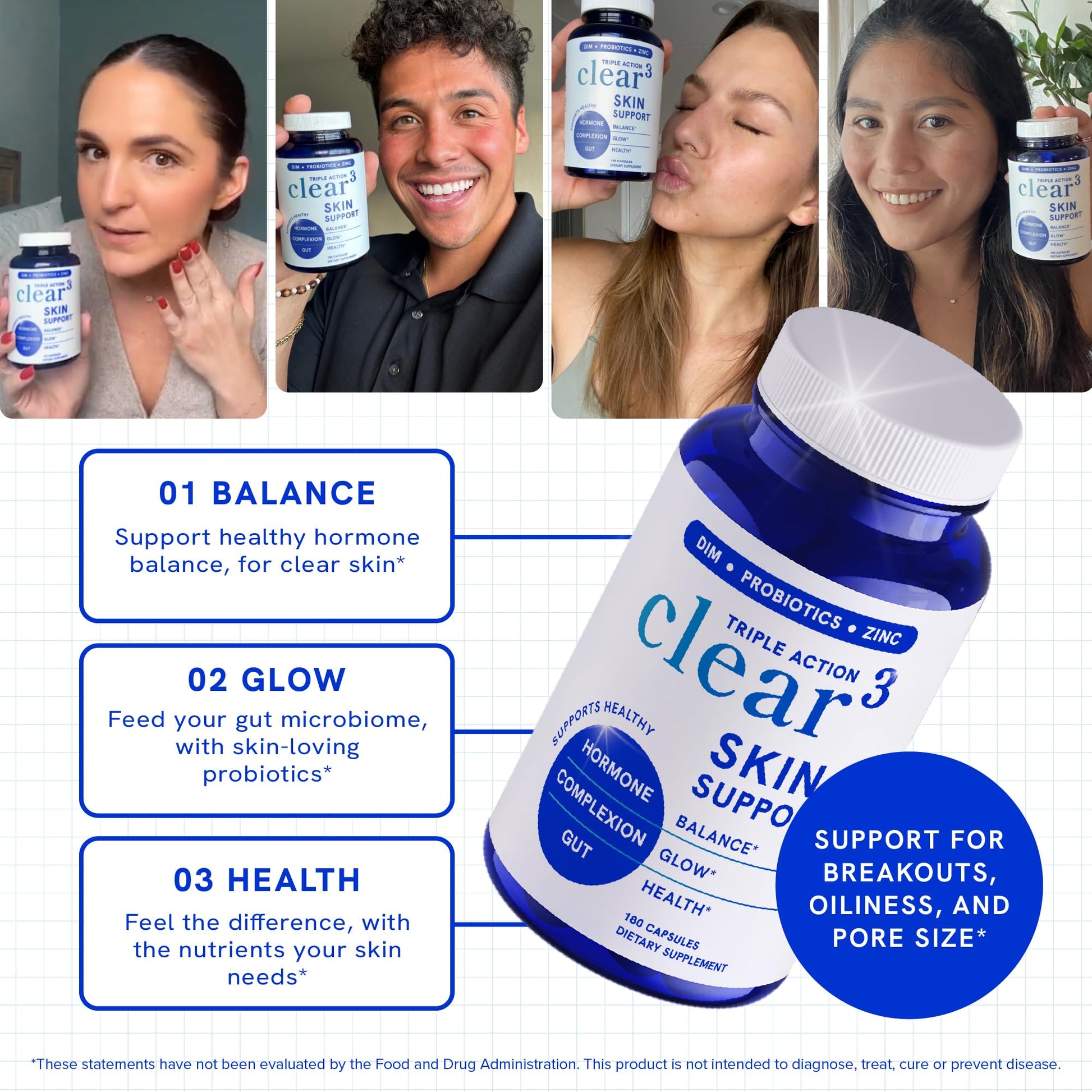 Clear Skin Supplement with Zinc, DIM & Probiotics | 3-in-1 Balance, Glow & Health Skin Support | Triple Action Hyaluronic Acid, Niaciminide & Vitamins for Hormone, Complexion & Gut Support | 180 Ct - dailyvitalstore