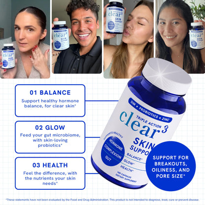 Clear Skin Supplement with Zinc, DIM & Probiotics | 3-in-1 Balance, Glow & Health Skin Support | Triple Action Hyaluronic Acid, Niaciminide & Vitamins for Hormone, Complexion & Gut Support | 180 Ct - dailyvitalstore