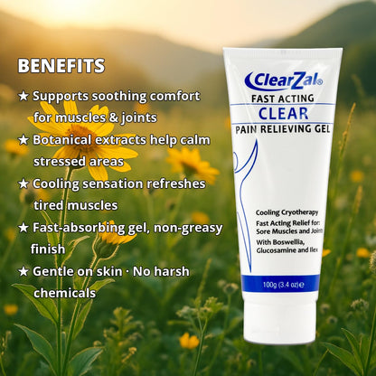 ClearZal Fast Acting Clear Pain Relieving Gel with Cooling Cryotherapy, Boswellia and Glucosamine for Sore Muscles and Joints, Soothing Cooling Gel 3.4 oz - dailyvitalstore