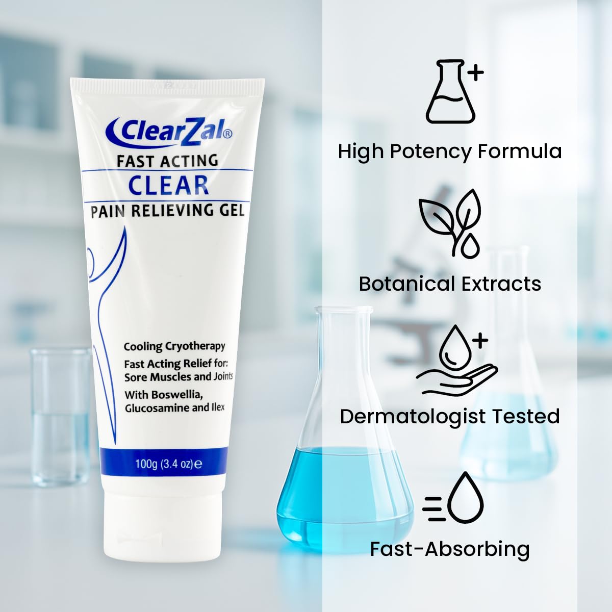 ClearZal Fast Acting Clear Pain Relieving Gel with Cooling Cryotherapy, Boswellia and Glucosamine for Sore Muscles and Joints, Soothing Cooling Gel 3.4 oz - dailyvitalstore