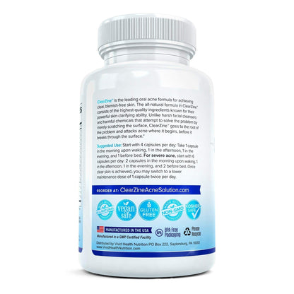 ClearZine Acne Pills for Teens & Adults | Clear Skin Supplement, Vitamins for Hormonal & Cystic Acne | Stop Breakouts, Oily Skin and Zits, 90 Caps - dailyvitalstore
