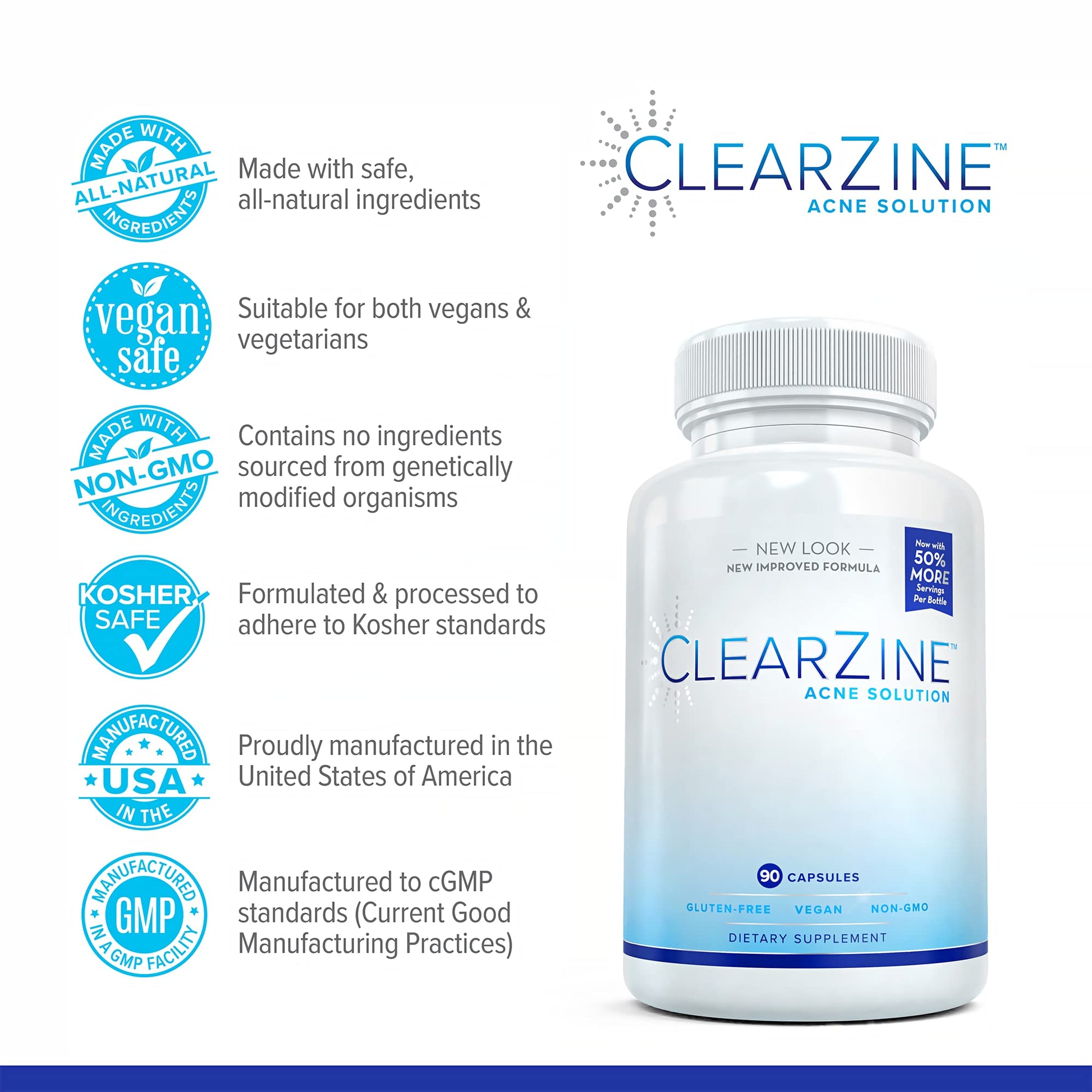 ClearZine Acne Pills for Teens & Adults | Clear Skin Supplement, Vitamins for Hormonal & Cystic Acne | Stop Breakouts, Oily Skin and Zits, 90 Caps - dailyvitalstore