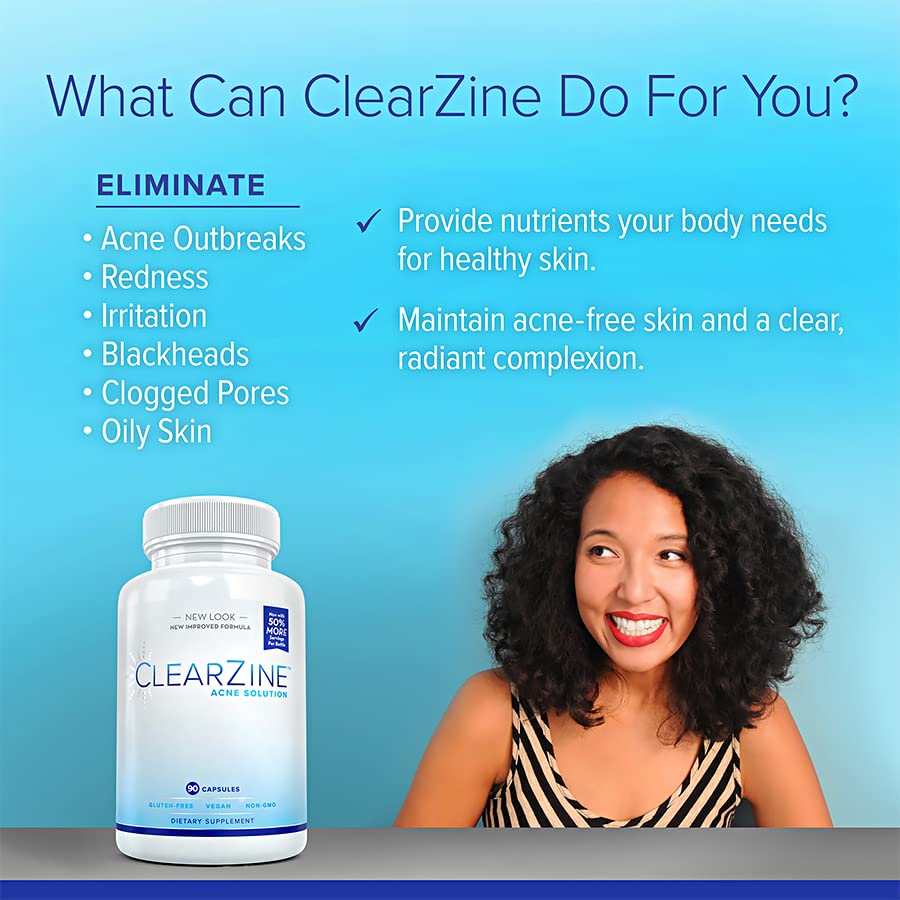 ClearZine Acne Pills for Teens & Adults | Clear Skin Supplement, Vitamins for Hormonal & Cystic Acne | Stop Breakouts, Oily Skin and Zits, 90 Caps - dailyvitalstore