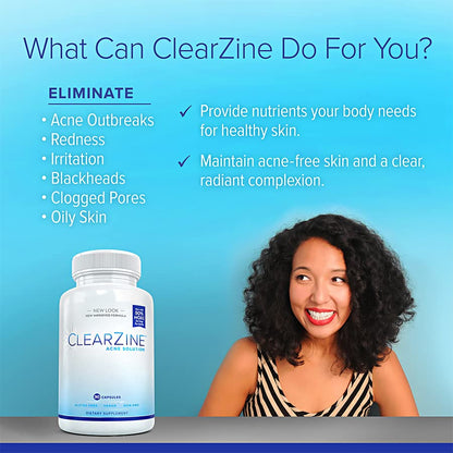 ClearZine Acne Pills for Teens & Adults | Clear Skin Supplement, Vitamins for Hormonal & Cystic Acne | Stop Breakouts, Oily Skin and Zits, 90 Caps - dailyvitalstore
