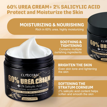 Clyecfra 60% Urea Cream with 2% Salicylic Acid, Urea Cream 60 Percent for Feet & Hands- Maximum Strength Moisturizer for Rough, Dry, Thick & Cracked Skin, Callus Remover, Deep Hydration, 150g - dailyvitalstore
