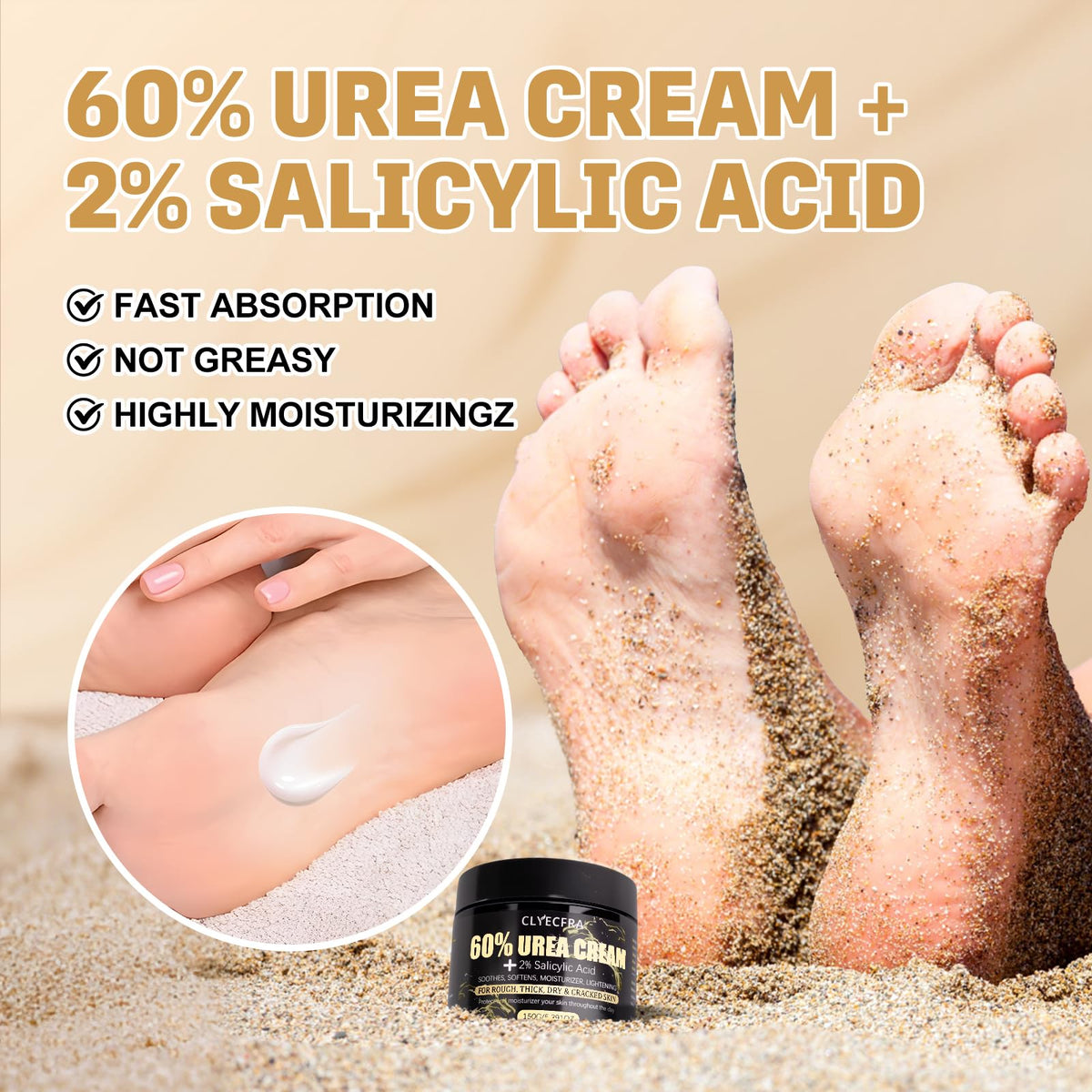 Clyecfra 60% Urea Cream with 2% Salicylic Acid, Urea Cream 60 Percent for Feet & Hands- Maximum Strength Moisturizer for Rough, Dry, Thick & Cracked Skin, Callus Remover, Deep Hydration, 150g - dailyvitalstore