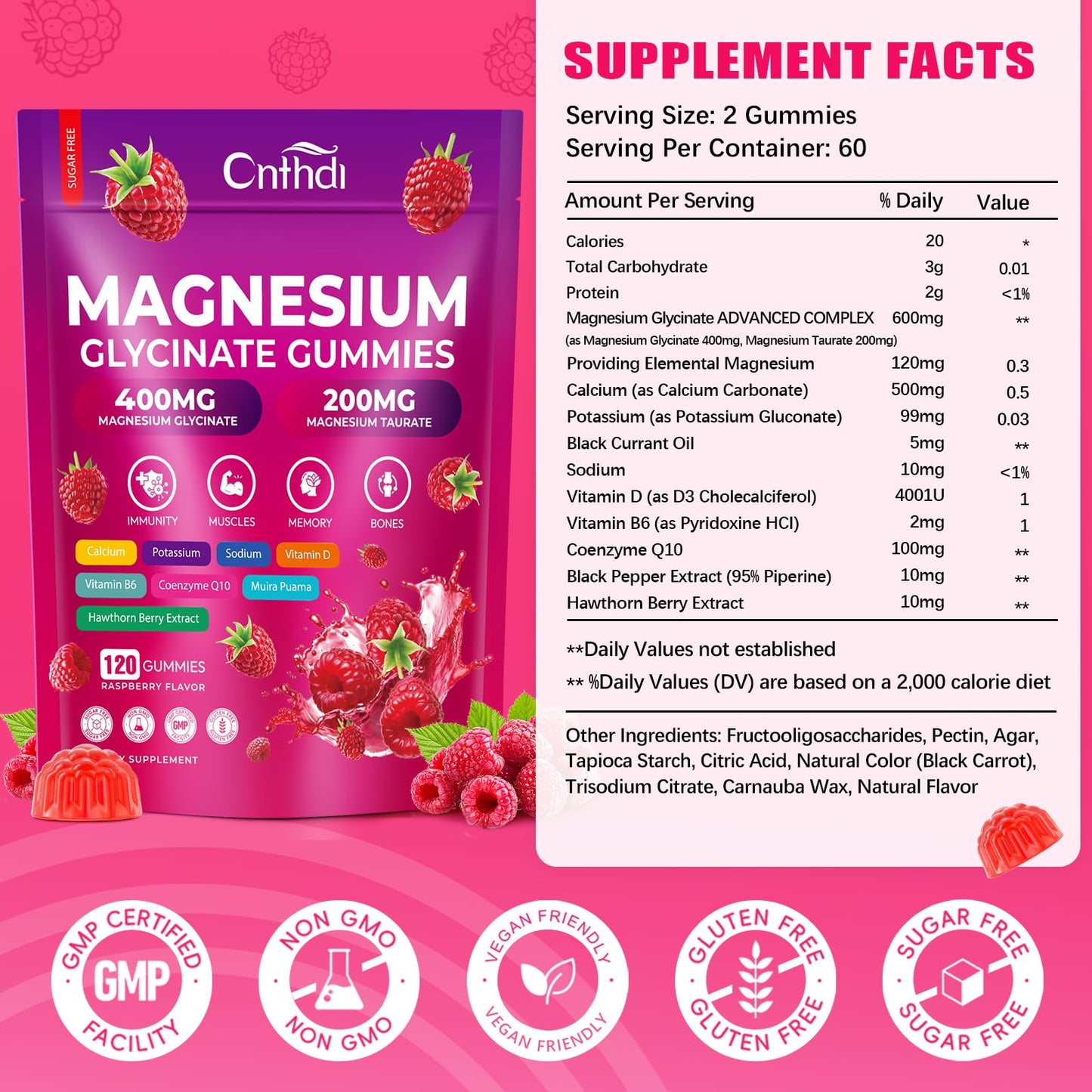 CNFHDI Magnesium Glycinate Gummies 600mg, 120 Counts Chews Sugar Free Magnesium Gummies for Adults & Kids with Calcium, Zinc & CQ10, Potassium Supplements for Zzz, Brain, Muscle & Relax - dailyvitalstore