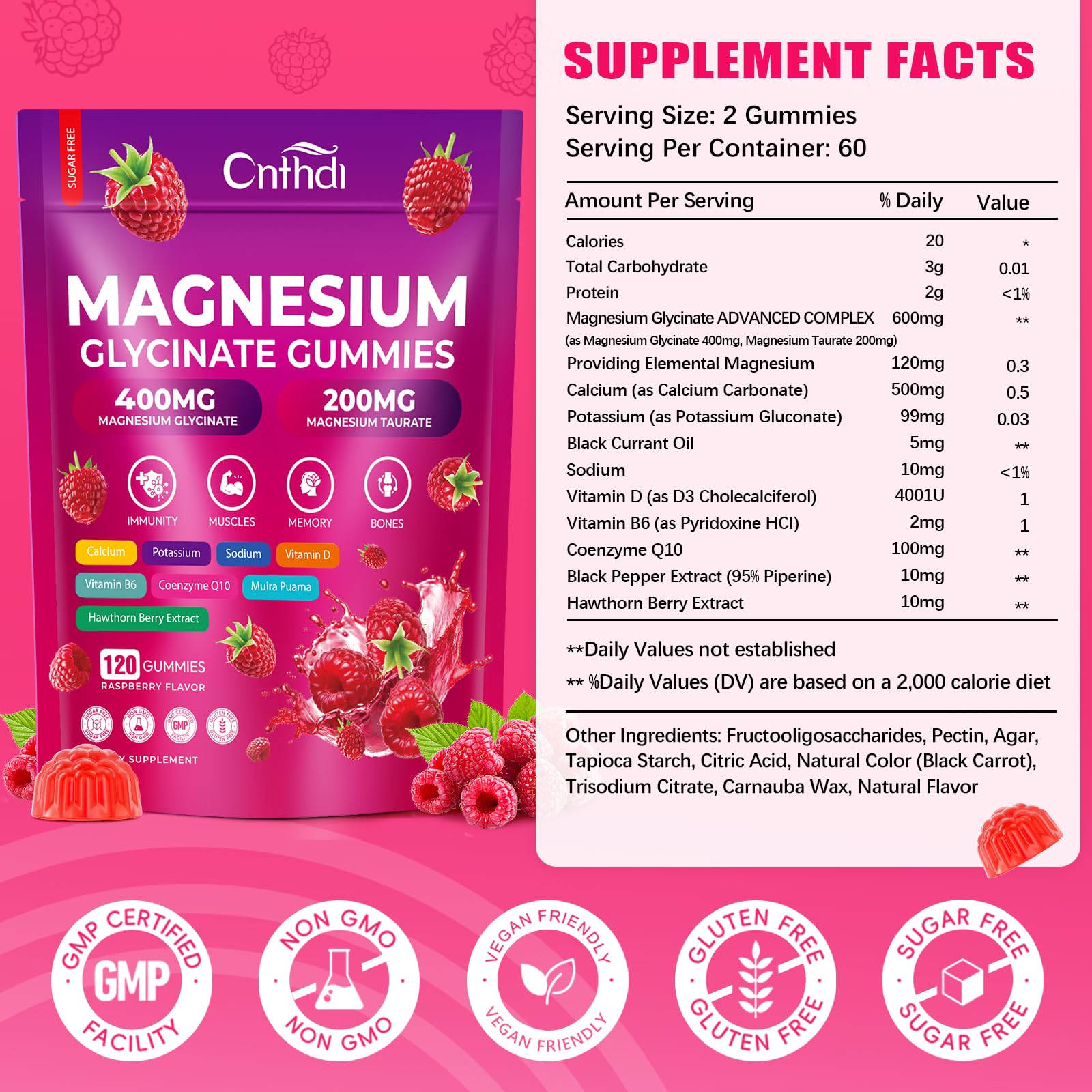 CNFHDI Magnesium Glycinate Gummies 600mg, 120 Counts Chews Sugar Free Magnesium Gummies for Adults & Kids with Calcium, Zinc & CQ10, Potassium Supplements for Zzz, Brain, Muscle & Relax - dailyvitalstore