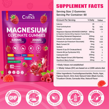 CNFHDI Magnesium Glycinate Gummies 600mg, 120 Counts Chews Sugar Free Magnesium Gummies for Adults & Kids with Calcium, Zinc & CQ10, Potassium Supplements for Zzz, Brain, Muscle & Relax - dailyvitalstore