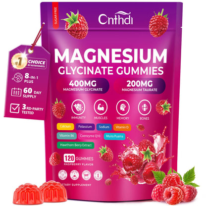 CNFHDI Magnesium Glycinate Gummies 600mg, 120 Counts Chews Sugar Free Magnesium Gummies for Adults & Kids with Calcium, Zinc & CQ10, Potassium Supplements for Zzz, Brain, Muscle & Relax - dailyvitalstore