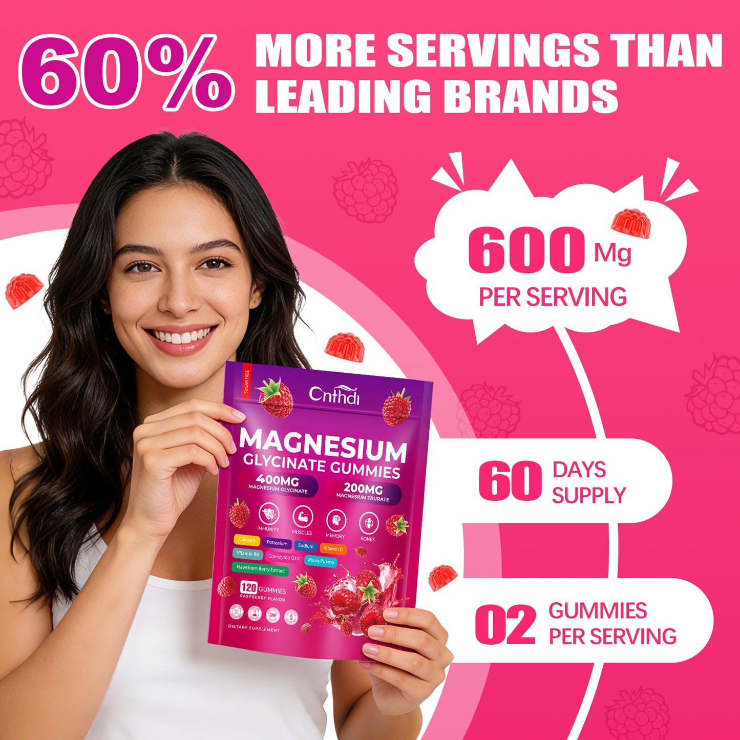 CNFHDI Magnesium Glycinate Gummies 600mg, 120 Counts Chews Sugar Free Magnesium Gummies for Adults & Kids with Calcium, Zinc & CQ10, Potassium Supplements for Zzz, Brain, Muscle & Relax - dailyvitalstore