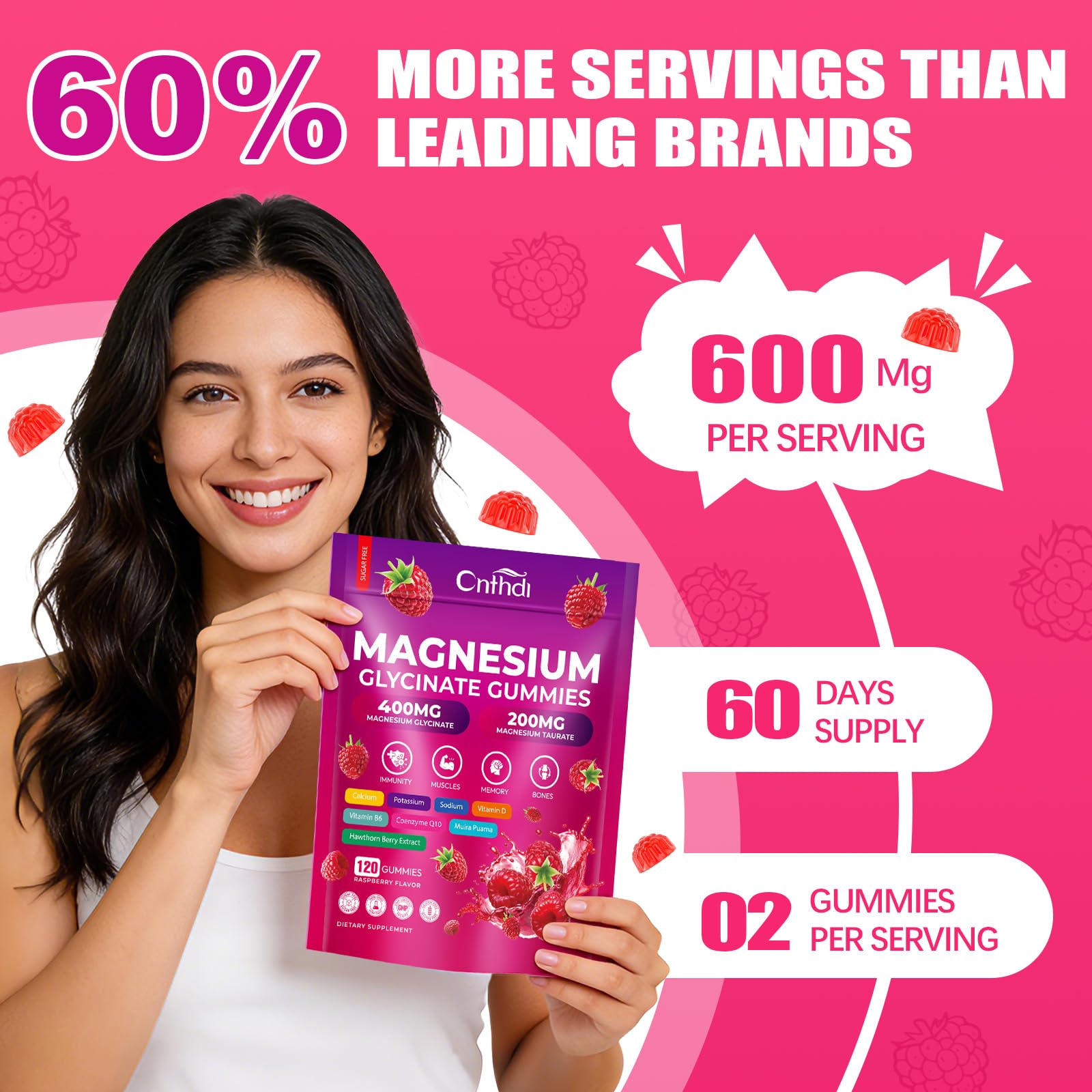 CNFHDI Magnesium Glycinate Gummies 600mg, 120 Counts Chews Sugar Free Magnesium Gummies for Adults & Kids with Calcium, Zinc & CQ10, Potassium Supplements for Zzz, Brain, Muscle & Relax - dailyvitalstore