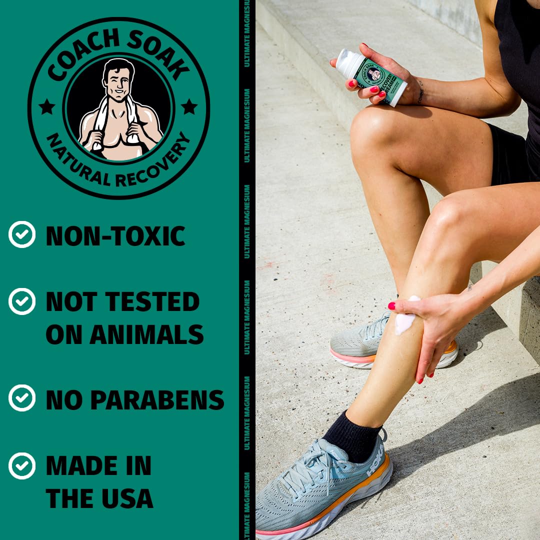 Coach Soak Magnesium Cream with MSM in Pump Bottle - Natural Recovery Cream with Magnesium Chloride & Menthol - Fast-Absorbing for Muscles & Joints, Cooling Menthol, 3.4oz - dailyvitalstore