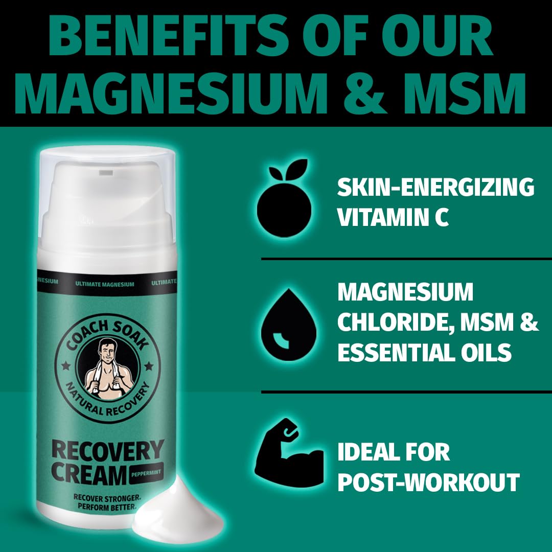 Coach Soak Magnesium Cream with MSM in Pump Bottle - Natural Recovery Cream with Magnesium Chloride & Menthol - Fast-Absorbing for Muscles & Joints, Cooling Menthol, 3.4oz - dailyvitalstore
