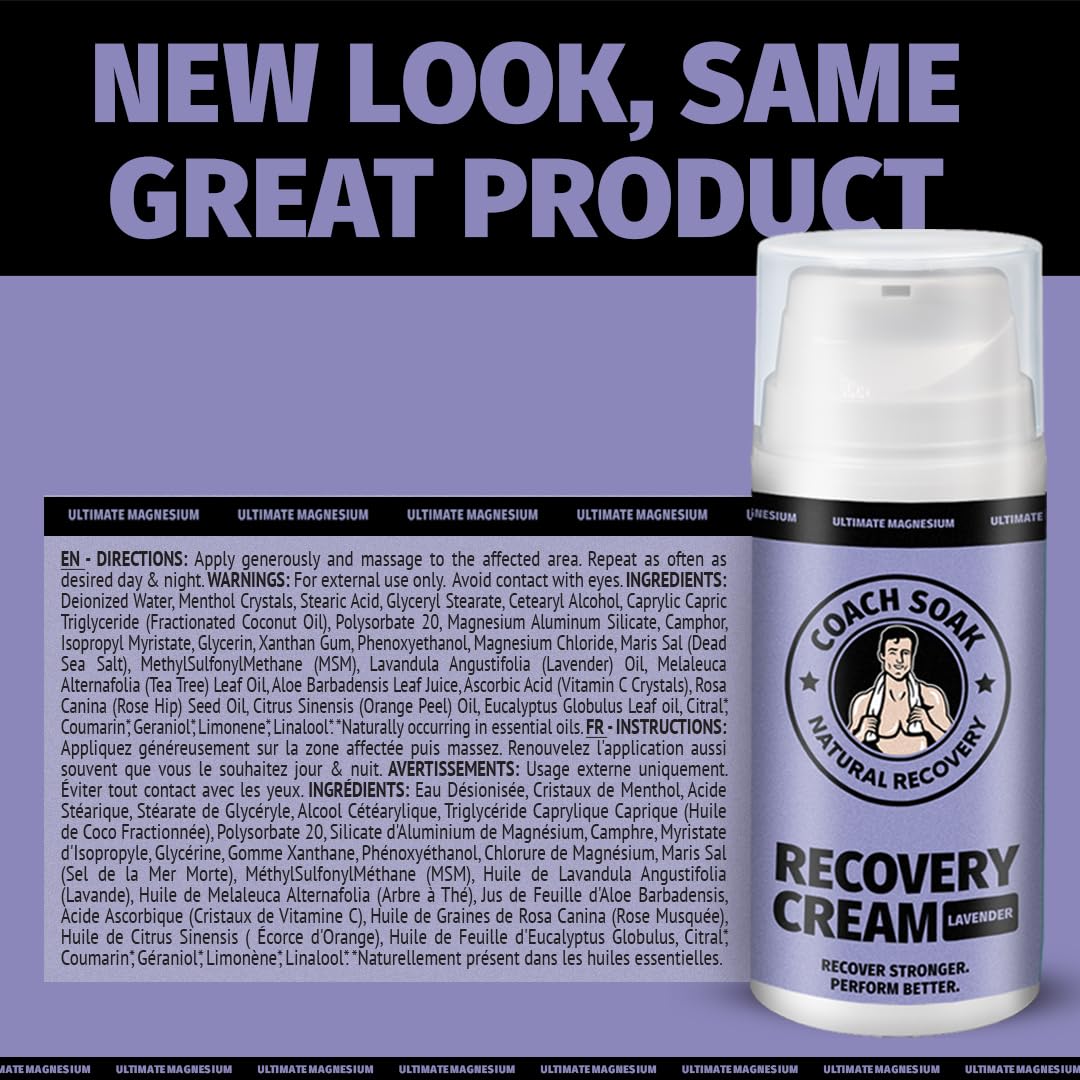 Coach Soak Magnesium Cream with MSM in Pump Bottle - Natural Recovery Cream with Magnesium Chloride & Menthol - Fast-Absorbing for Muscles & Joints, Lavender 3.4oz - dailyvitalstore