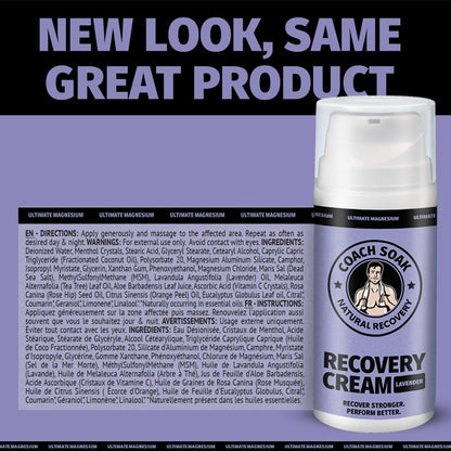 Coach Soak Magnesium Cream with MSM in Pump Bottle - Natural Recovery Cream with Magnesium Chloride & Menthol - Fast-Absorbing for Muscles & Joints, Lavender 3.4oz - dailyvitalstore