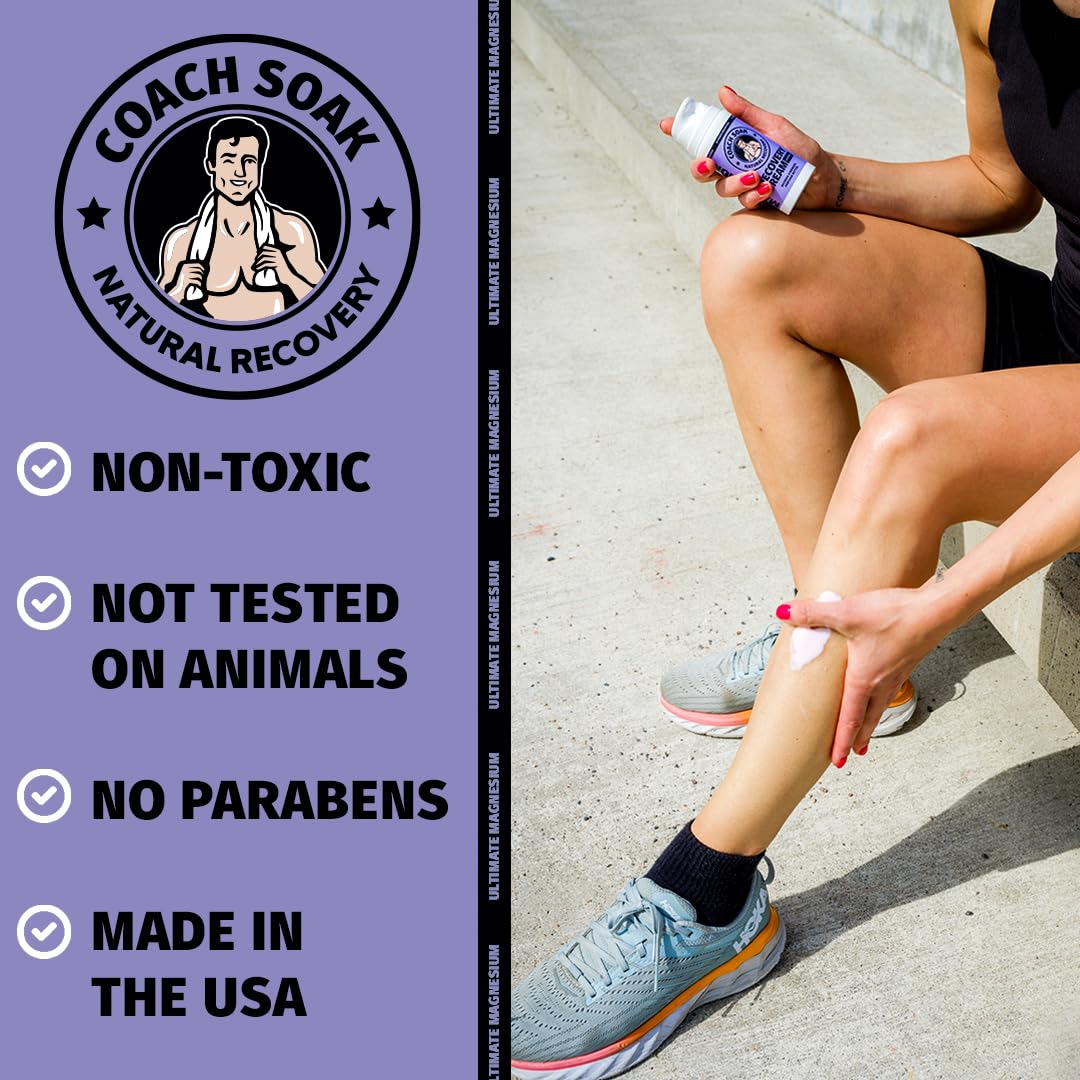 Coach Soak Magnesium Cream with MSM in Pump Bottle - Natural Recovery Cream with Magnesium Chloride & Menthol - Fast-Absorbing for Muscles & Joints, Lavender 3.4oz - dailyvitalstore