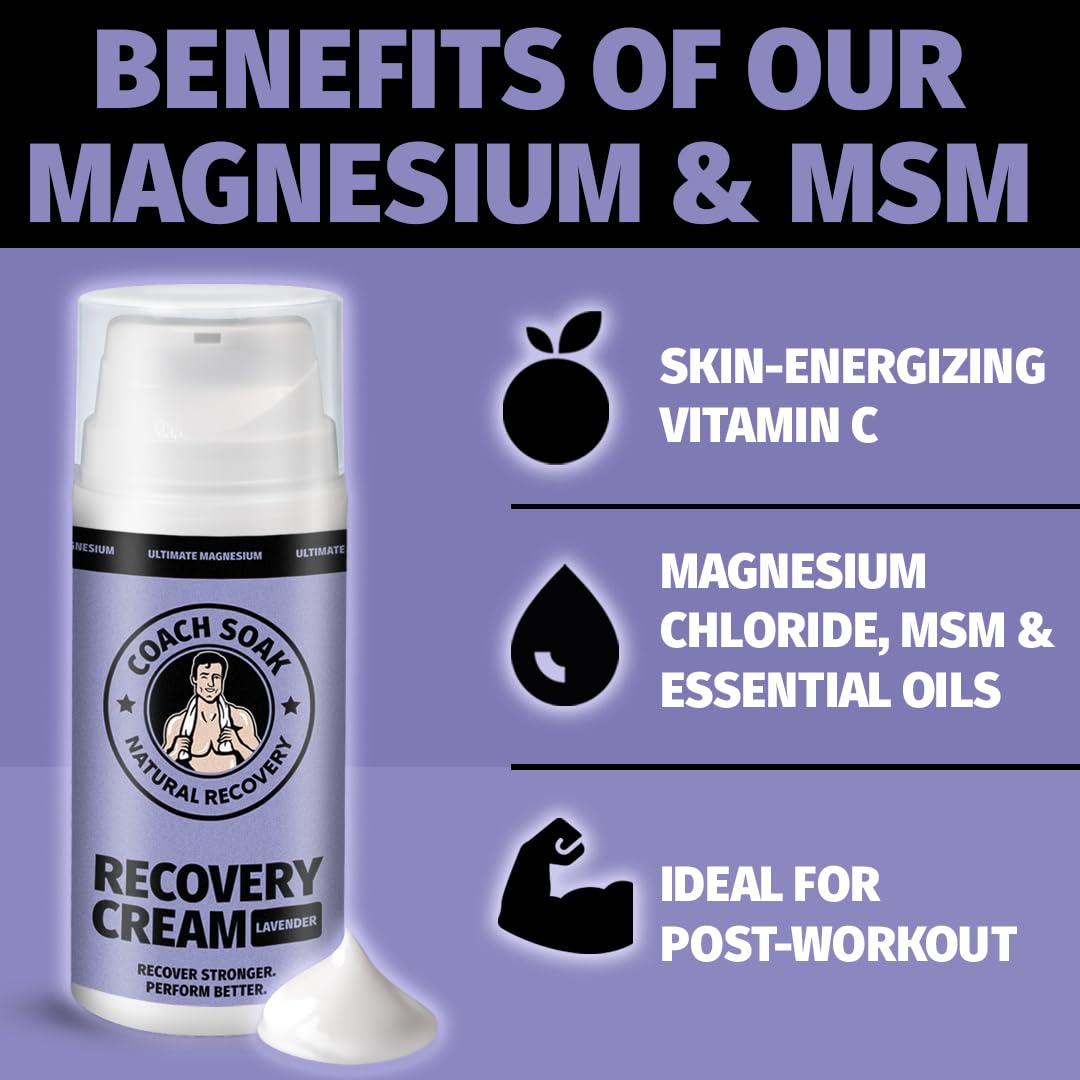 Coach Soak Magnesium Cream with MSM in Pump Bottle - Natural Recovery Cream with Magnesium Chloride & Menthol - Fast-Absorbing for Muscles & Joints, Lavender 3.4oz - dailyvitalstore
