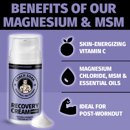 Coach Soak Magnesium Cream with MSM in Pump Bottle - Natural Recovery Cream with Magnesium Chloride & Menthol - Fast-Absorbing for Muscles & Joints, Lavender 3.4oz - dailyvitalstore