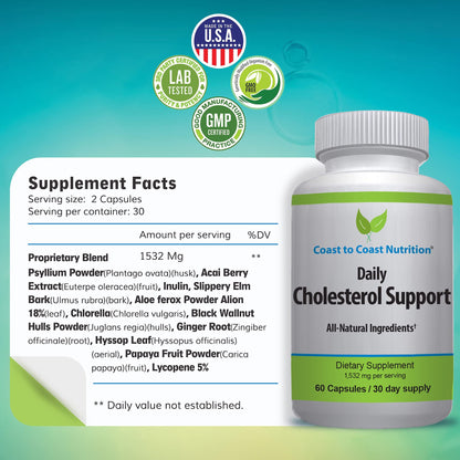Coast to Coast Nutrition Cholesterol Support Supplement - Support Cardiovascular & Artery Performance, Target Bad LDL Levels & Plaque Calcium Buld-Up - Promote Circulation & Blood Flow - 60 Capsules - dailyvitalstore