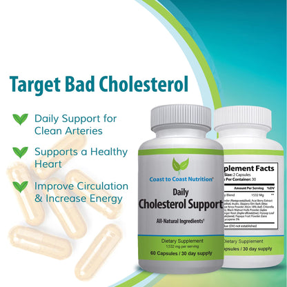 Coast to Coast Nutrition Cholesterol Support Supplement - Support Cardiovascular & Artery Performance, Target Bad LDL Levels & Plaque Calcium Buld-Up - Promote Circulation & Blood Flow - 60 Capsules - dailyvitalstore