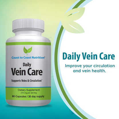 Coast to Coast Nutrition Daily Vein Care Supplement Capsules — Circulation Formula with a Natural Blend of Calcium, Vitamin D3, Vitamin K2 Plus BioPerine for Max Absorption Vein Formula — 60 Capsules - dailyvitalstore