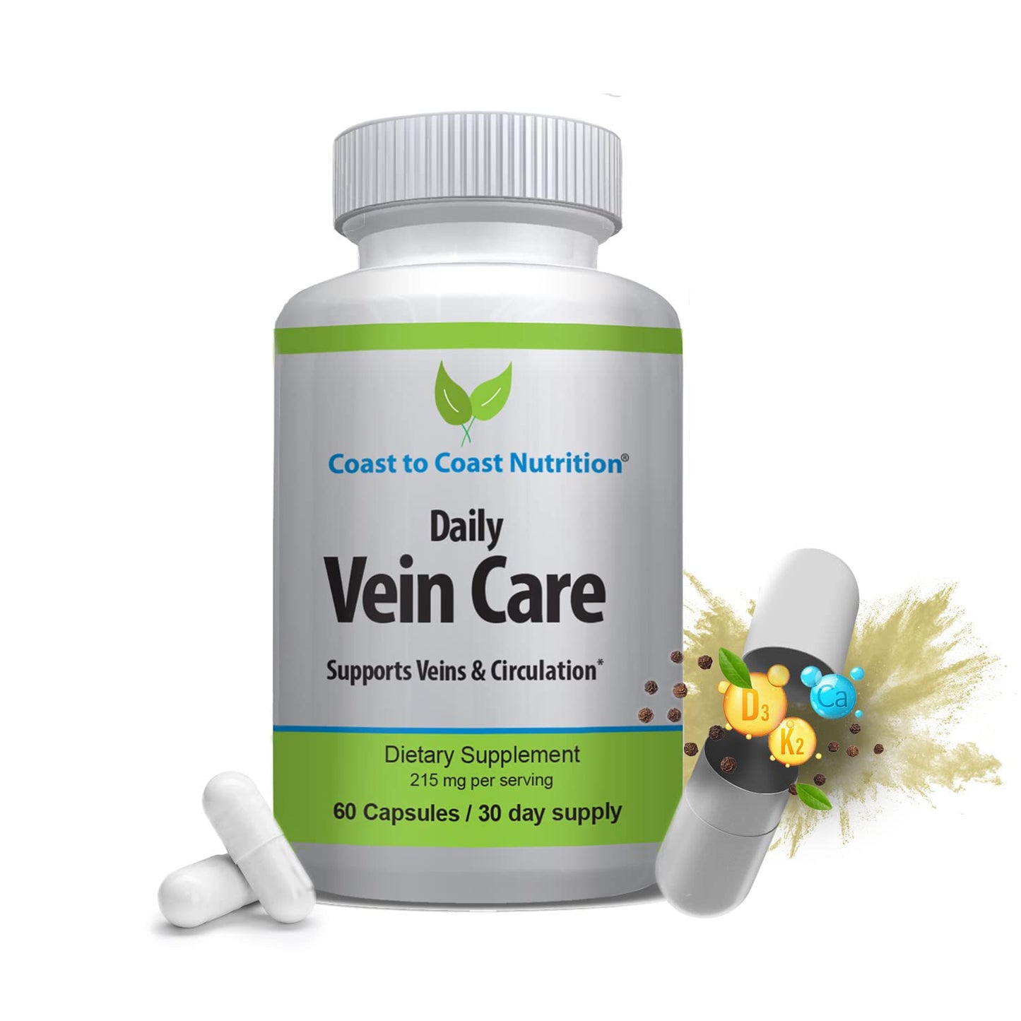 Coast to Coast Nutrition Daily Vein Care Supplement Capsules — Circulation Formula with a Natural Blend of Calcium, Vitamin D3, Vitamin K2 Plus BioPerine for Max Absorption Vein Formula — 60 Capsules - dailyvitalstore