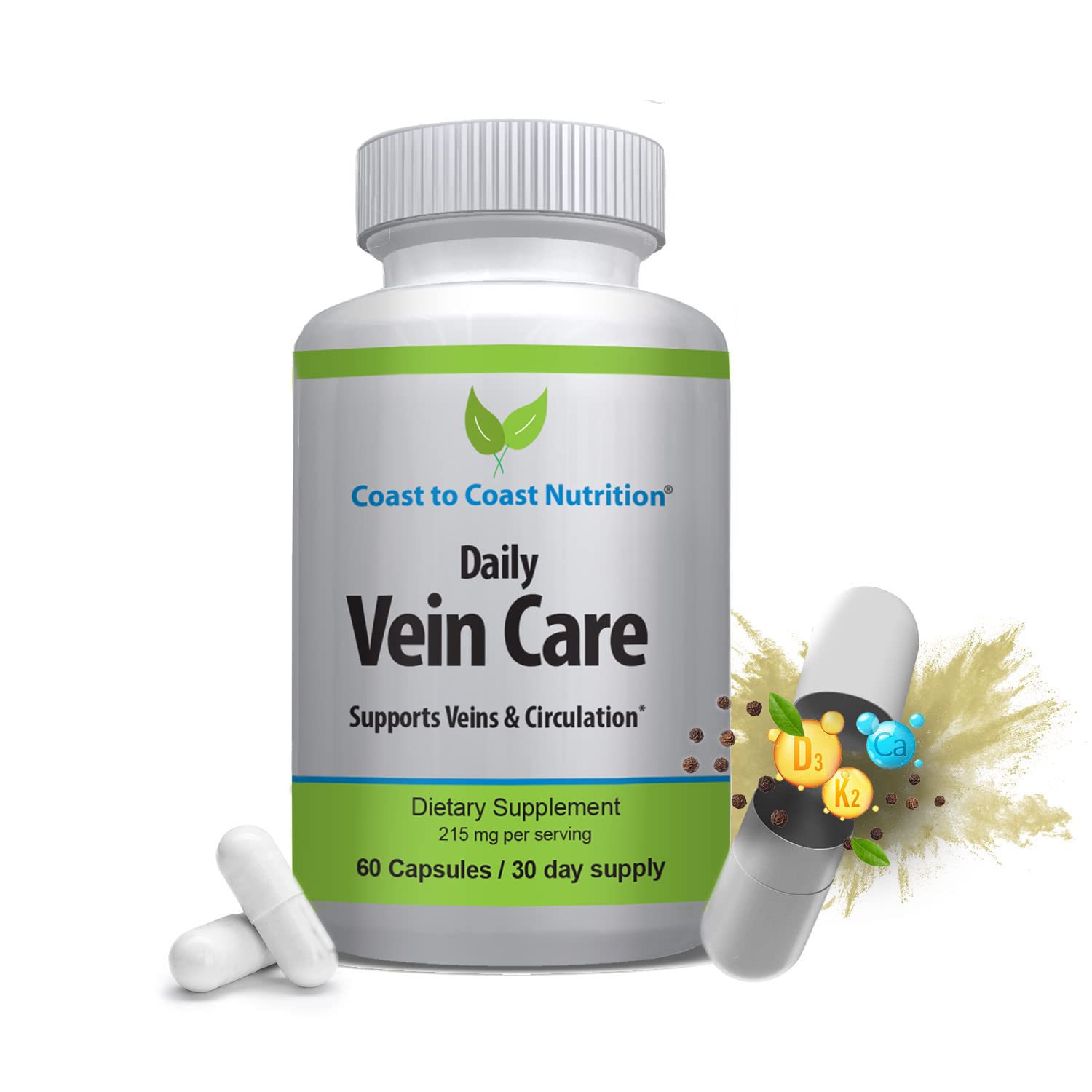 Coast to Coast Nutrition Daily Vein Care Supplement Capsules — Circulation Formula with a Natural Blend of Calcium, Vitamin D3, Vitamin K2 Plus BioPerine for Max Absorption Vein Formula — 60 Capsules - dailyvitalstore