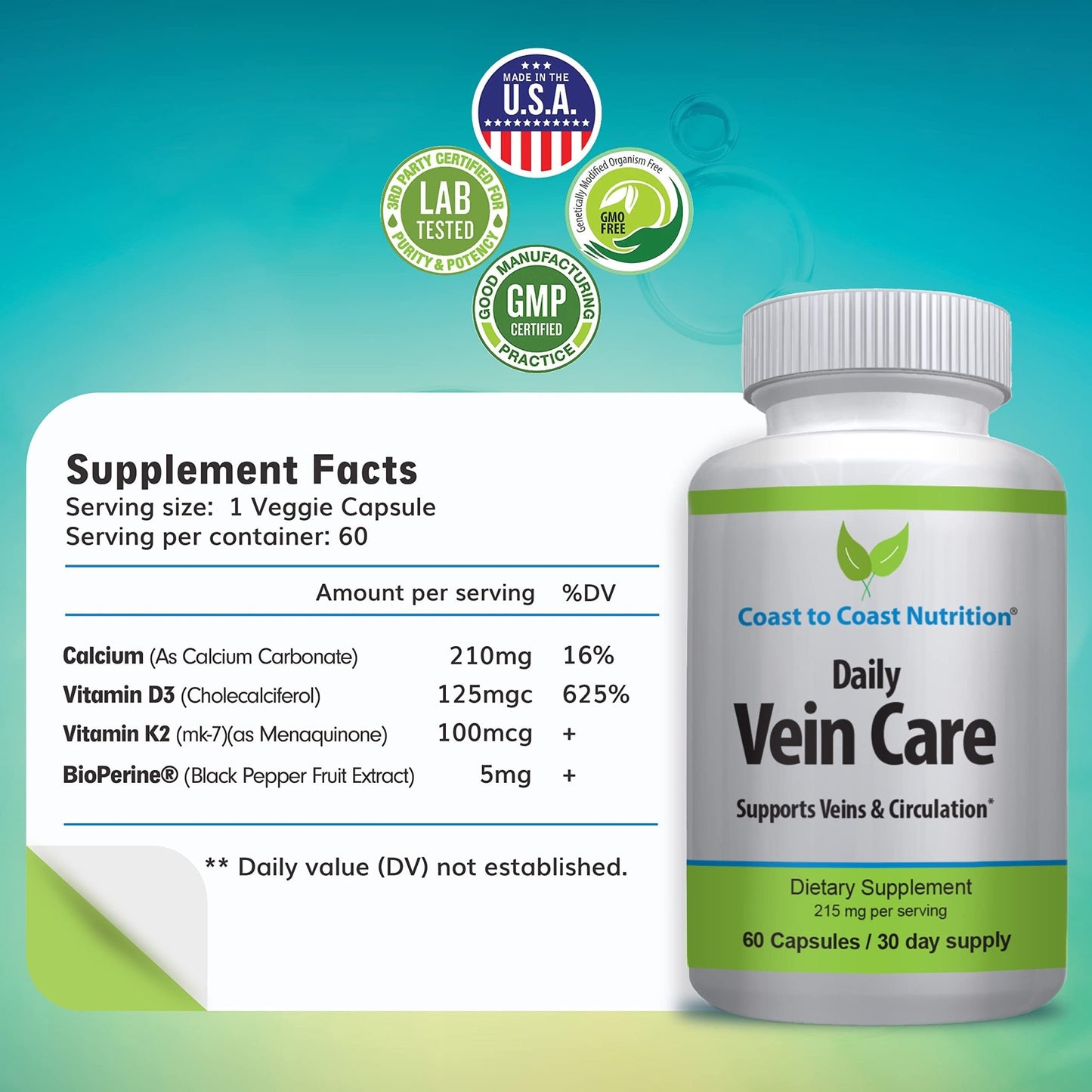 Coast to Coast Nutrition Daily Vein Care Supplement Capsules — Circulation Formula with a Natural Blend of Calcium, Vitamin D3, Vitamin K2 Plus BioPerine for Max Absorption Vein Formula — 60 Capsules - dailyvitalstore