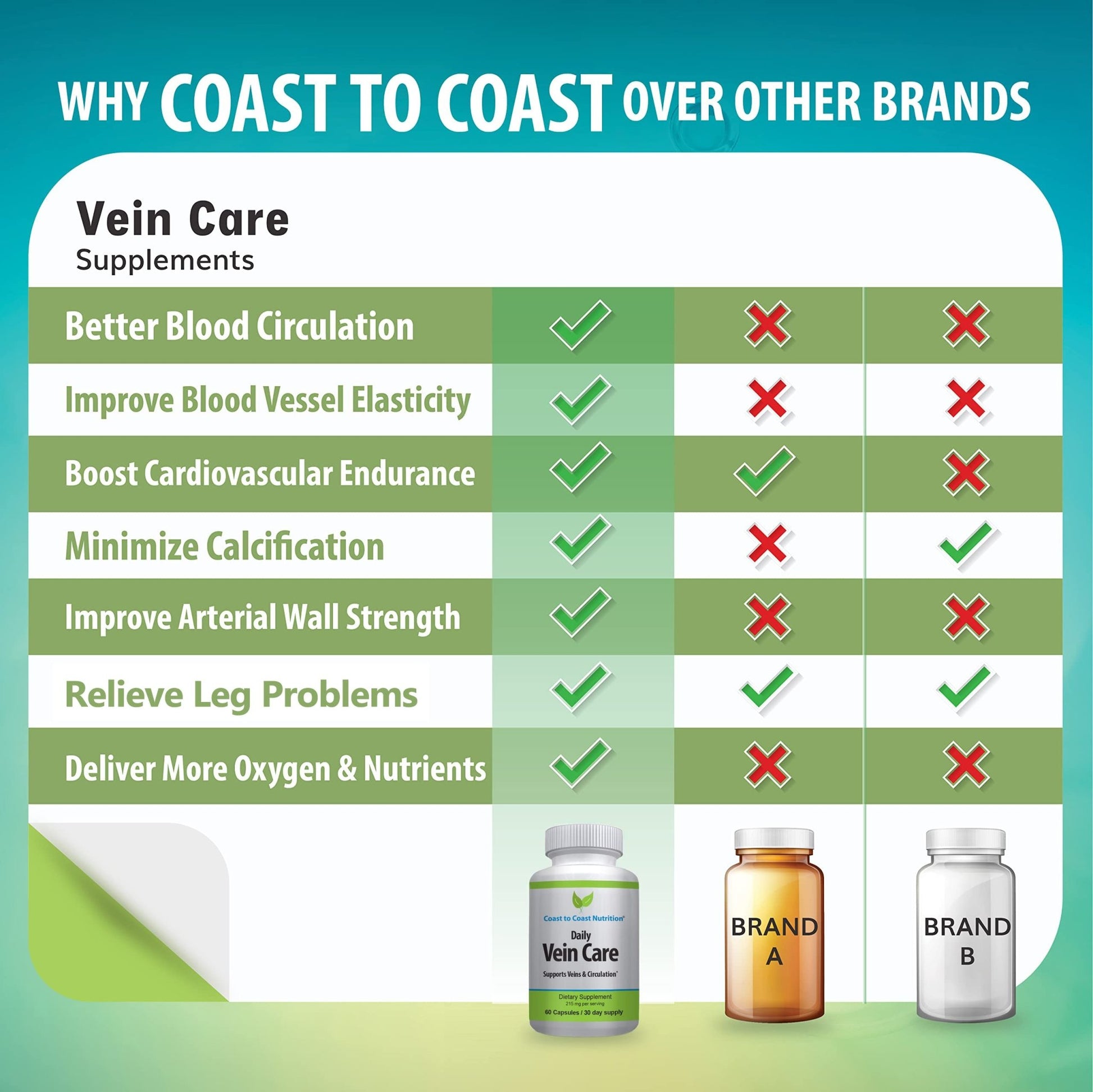 Coast to Coast Nutrition Daily Vein Care Supplement Capsules — Circulation Formula with a Natural Blend of Calcium, Vitamin D3, Vitamin K2 Plus BioPerine for Max Absorption Vein Formula — 60 Capsules - dailyvitalstore