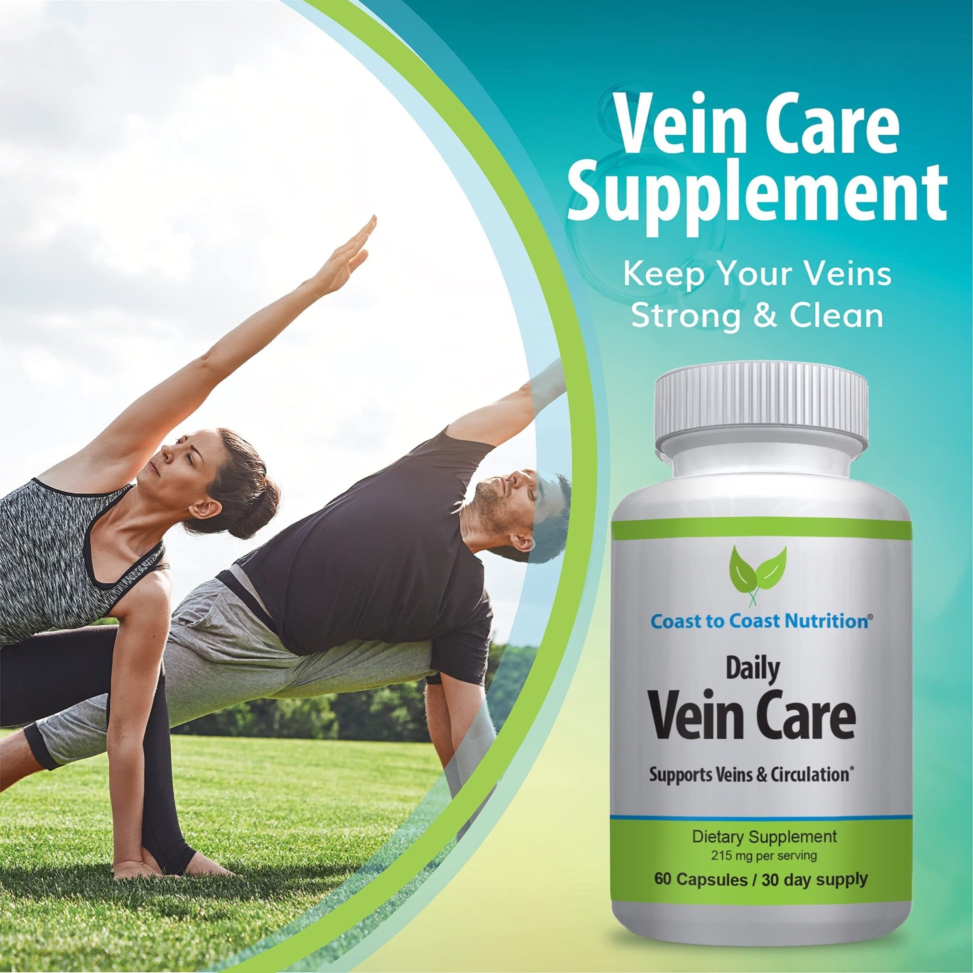 Coast to Coast Nutrition Daily Vein Care Supplement Capsules — Circulation Formula with a Natural Blend of Calcium, Vitamin D3, Vitamin K2 Plus BioPerine for Max Absorption Vein Formula — 60 Capsules - dailyvitalstore