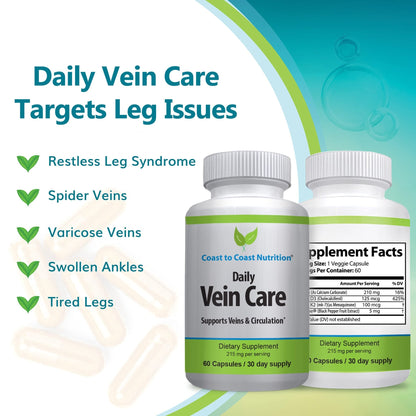 Coast to Coast Nutrition Daily Vein Care Supplement Capsules — Circulation Formula with a Natural Blend of Calcium, Vitamin D3, Vitamin K2 Plus BioPerine for Max Absorption Vein Formula — 60 Capsules - dailyvitalstore