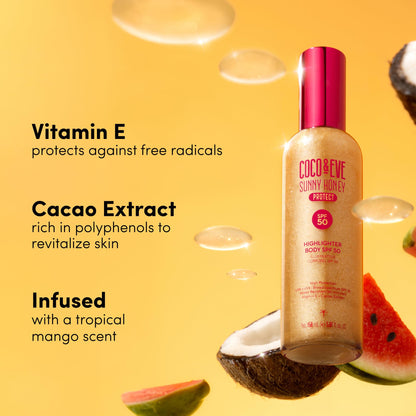 Coco & Eve Body Highlighter SPF 50 – Shimmer Sunscreen, Broad Spectrum Sun Protection, Lightweight Serum-Like Lotion with Pearlescent Minerals & Vitamin E for Hydrated & Glowing Skin, 5.07 Fl Oz - dailyvitalstore