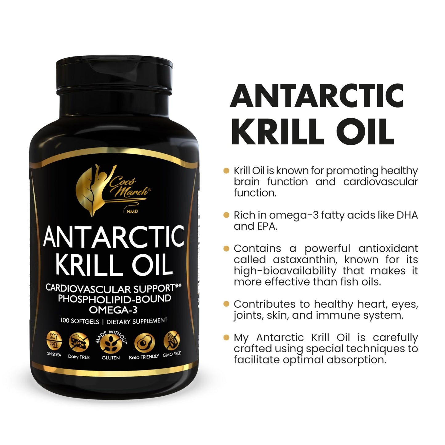Cocó March N.M.D Pure Antarctic Krill Oil 1000mg – Omega 3 Fish Oil Supplement with EPA, DHA, Choline & Astaxanthin – Fast Absorption, Immune, Heart & Joint Support for Men & Women – 100 Softgels - dailyvitalstore
